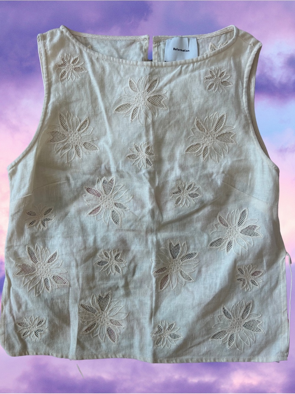 Reformation Evelina Cream Embroidered Linen Top